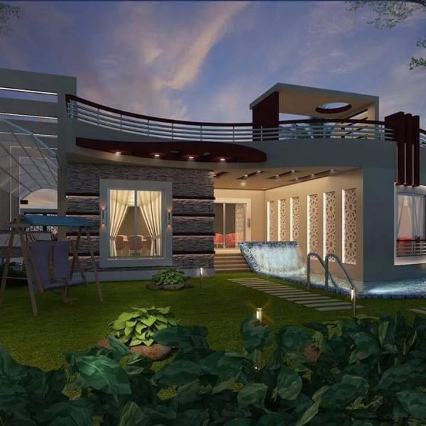 3d model of chalets in front view with garden at night vision