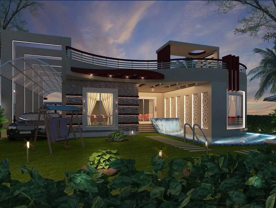 3d model of chalets in front view with garden at night vision