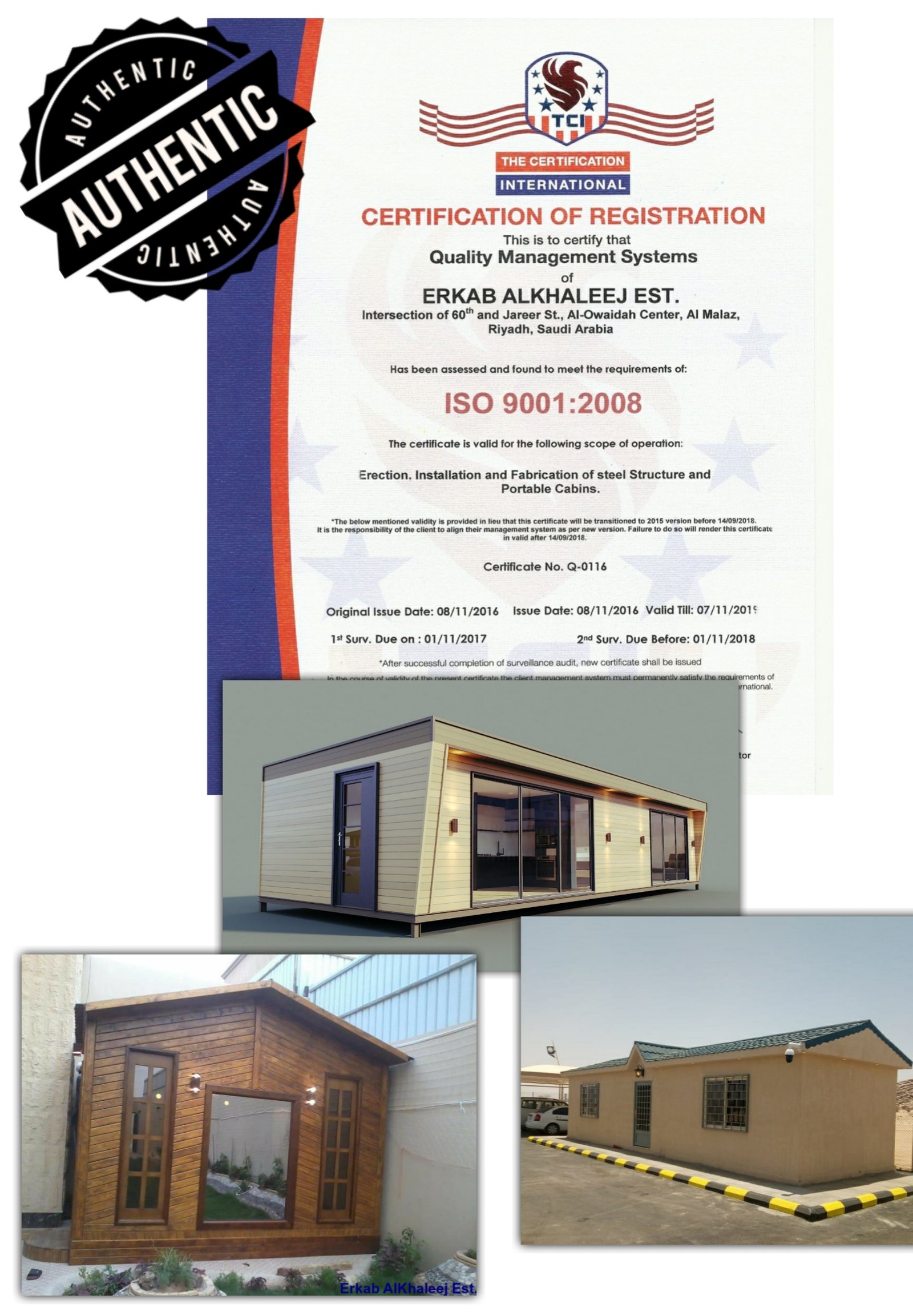 ISO Certification of Erkab Alkhaleej EStimate and some photos of works of prefab houses